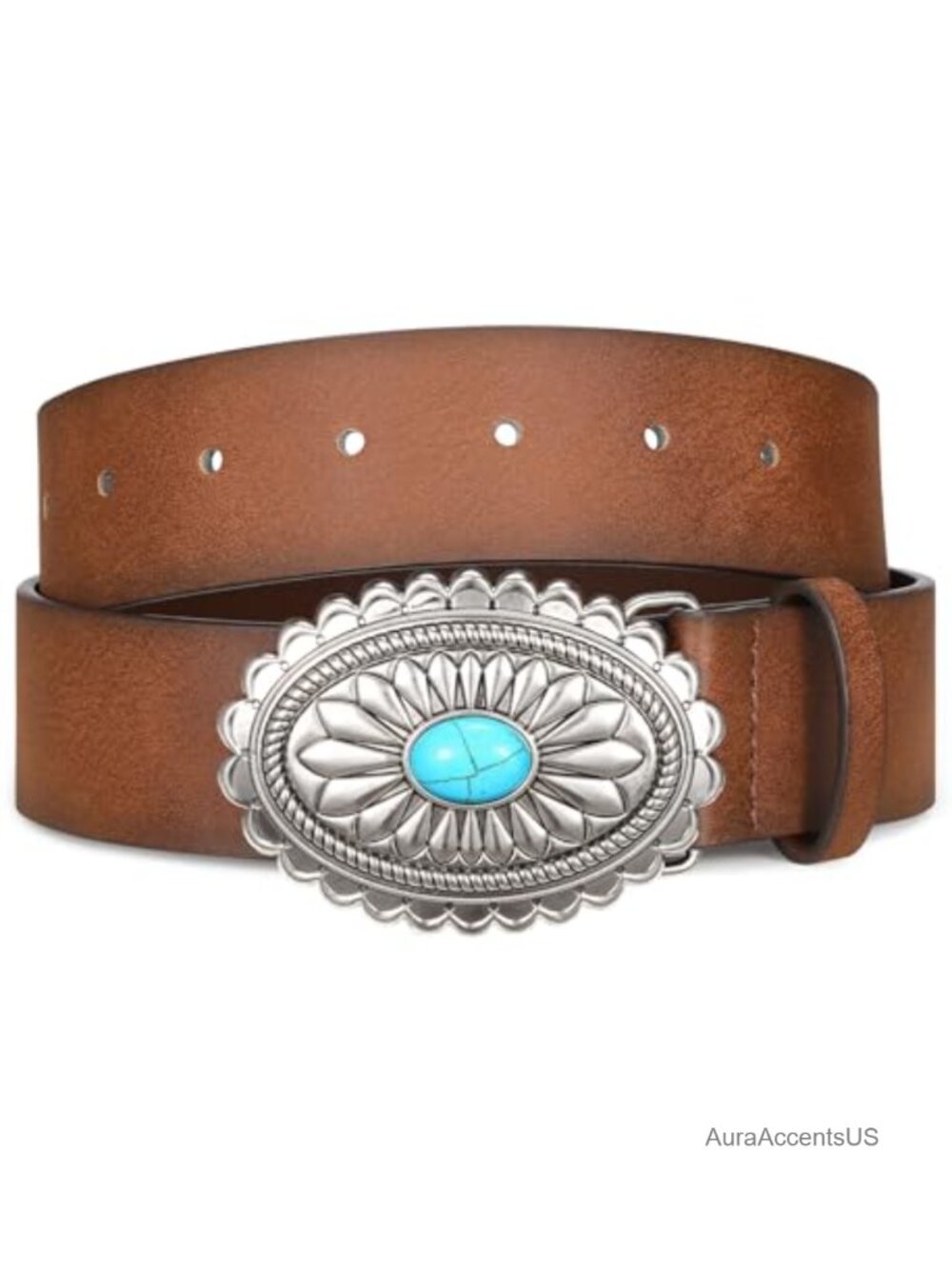 Western Cowgirl Belt with Concho Turquoise Buckle Faux Leather - Picture 6 of 6